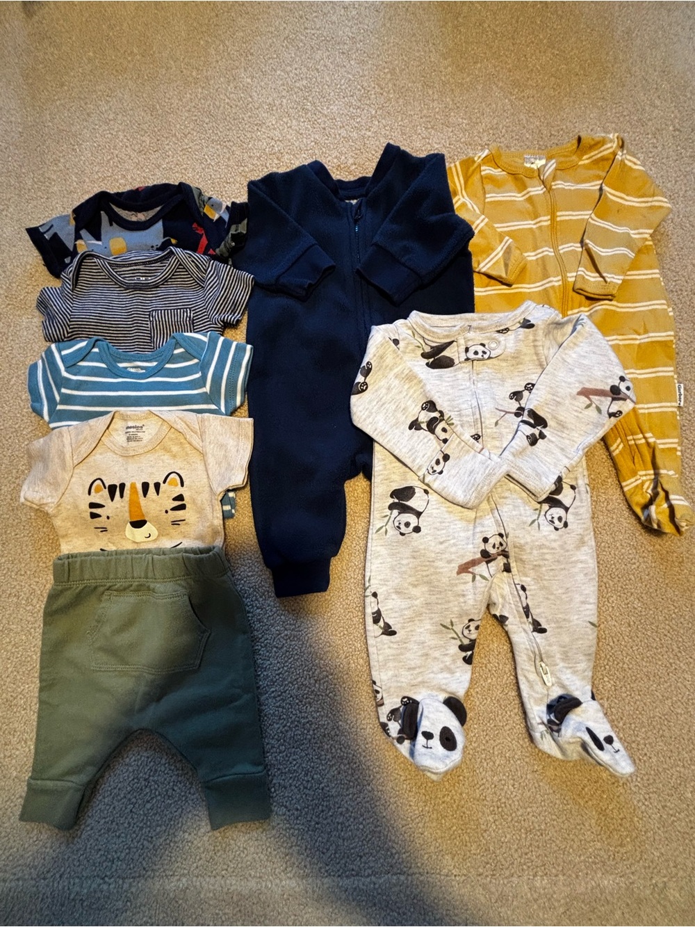 Assorted Baby One-Piece Sleepers and Outfit Set in Navy, Gray, Mustard, Green
